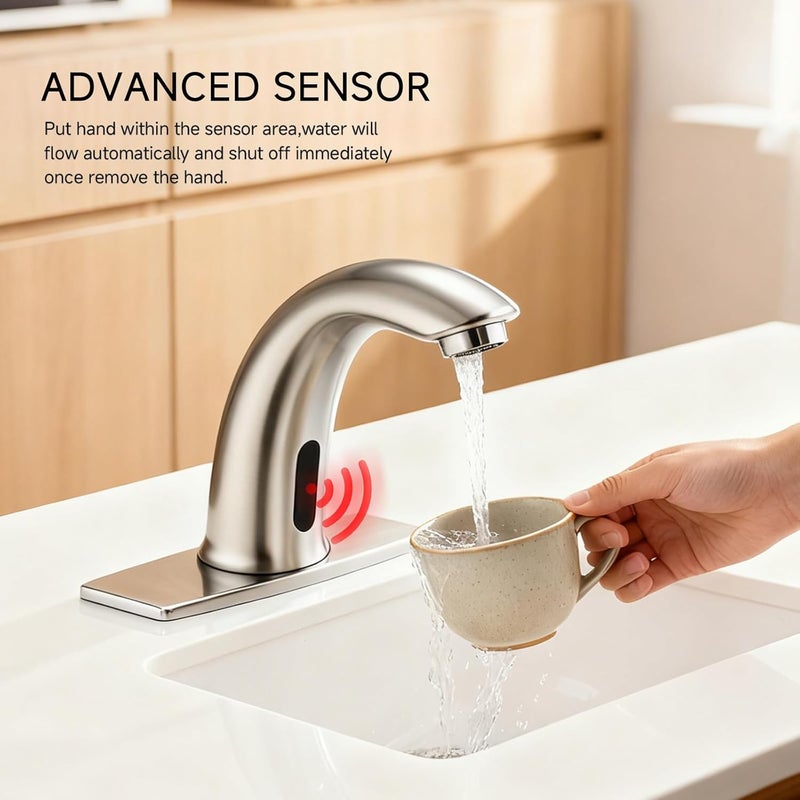 AOLIHAN Touchless Bathroom Sink Faucet Automatic Motion Sensor Commercial Bathroom Faucet with Deck Plate,1 Hole or 3 Hole Solid Brass Faucet,AC/DC Powered,Hot Cold Mixer,Brushed Nickel - Image 2